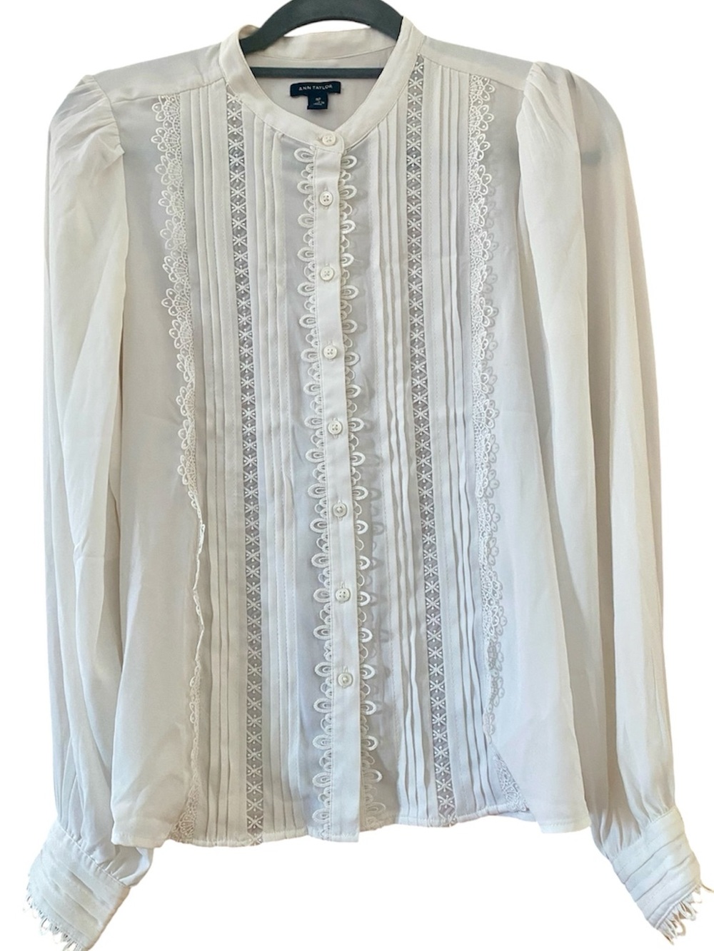Ann Taylor Ivory Lace Inset Pintuck Button Front Blouse Medium Petite MP